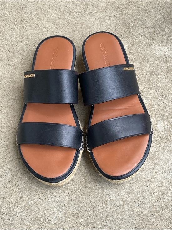 Coach Shoes - Coach Black Leather Double-Band Slide Sandals with Tan Footbed